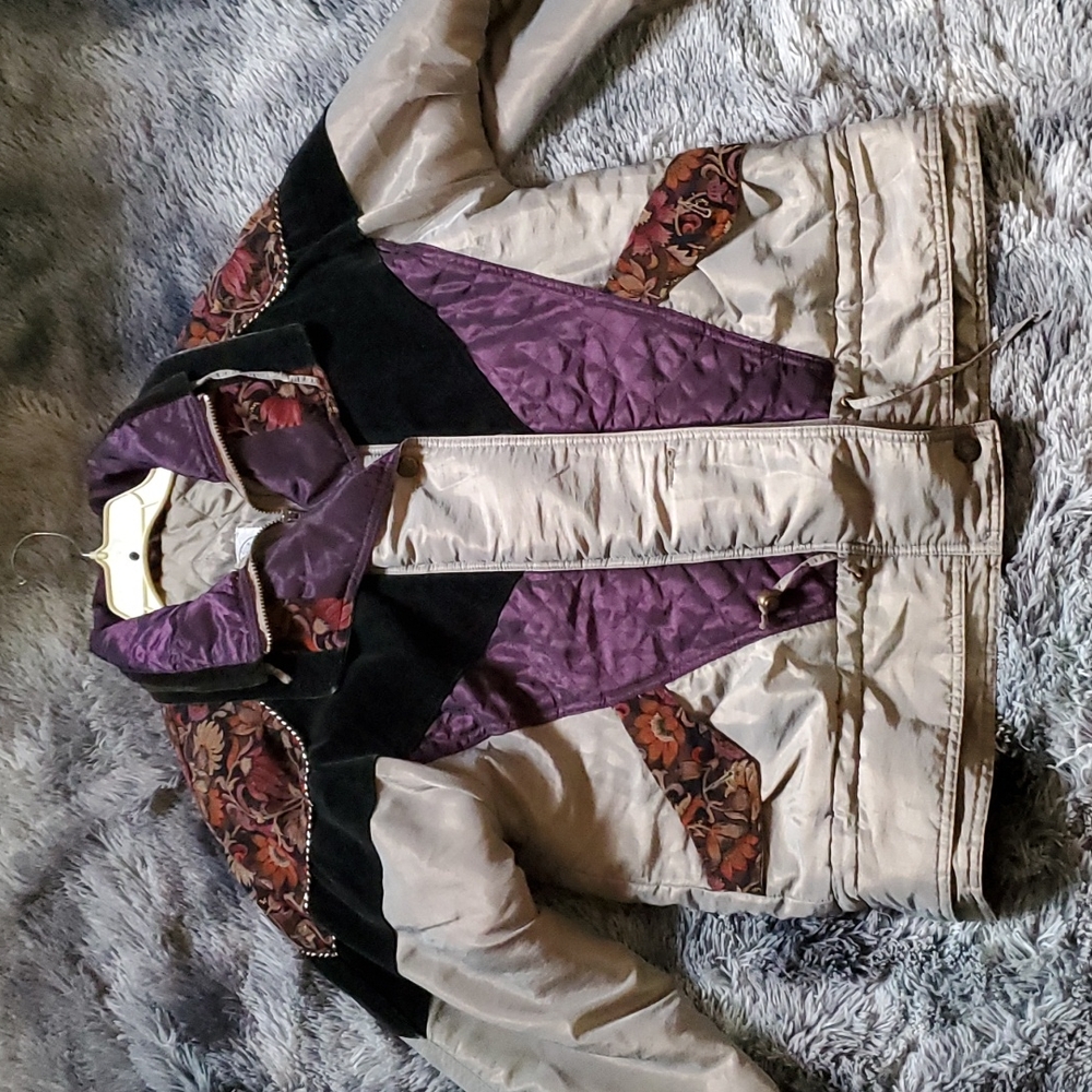 Vintage 80s Purple & Silver Multicolor Floral Womens Winter Coat